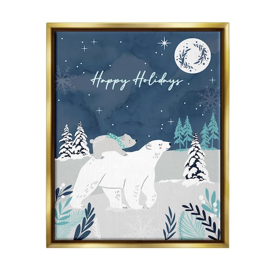 Stupell Industries Happy Holidays Winter Snow Bears Framed Floater Canvas Wall Art